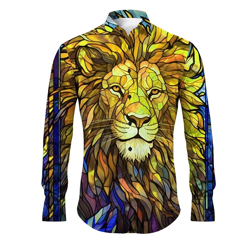 Men's Lion Shirt Button Up Shirt Long Sleeve Abstract Daily Wear Going out Spring & Summer Turndown Print Button-Down Yellow Red Blue Purple Green2