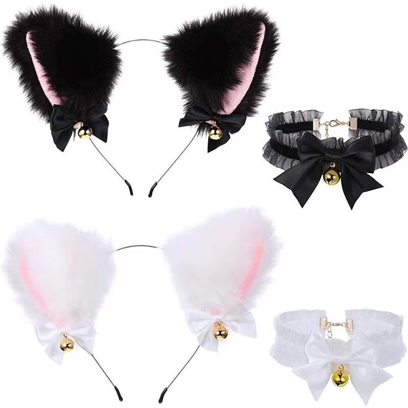Carnival Performance Props Headdress Cat's Ears (Steamed Cat-Ear Shaped Bread) Headband Cat Girl Cat's Ears Collar Hair Accessories Set