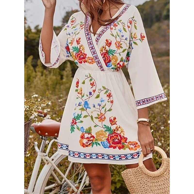 Women's Casual Dress Floral Print V Neck Mini Dress Ethnic Boho Vacation 3/4 Length Sleeve Summer Spring3