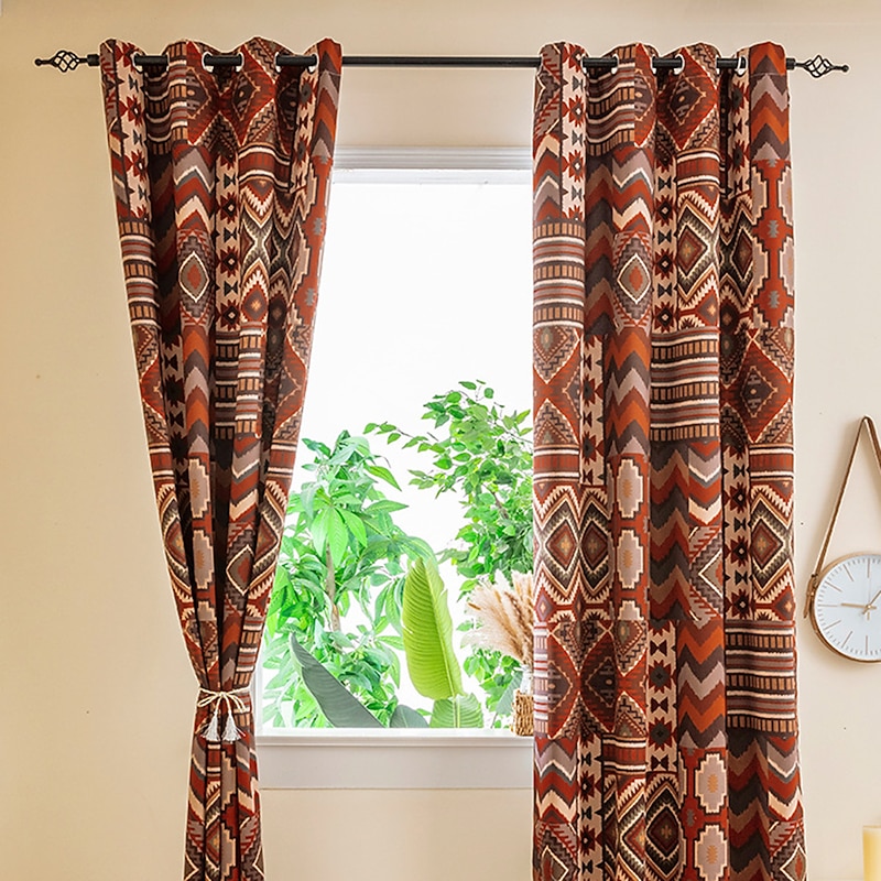 100% Blackout Curtain Drapes Boho Style ,1 Panel Grommet Thermal Insulated Room Darkening Curtains for Bedroom and Living Room