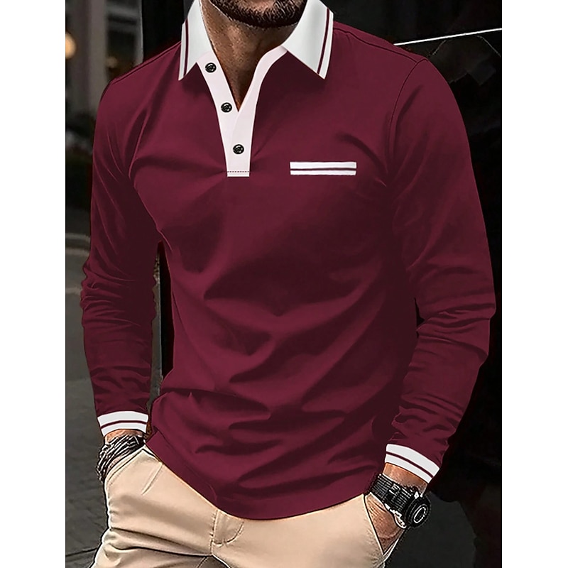 Men's Polo Shirt Button Up Polos Casual Sports Lapel Long Sleeve Fashion Basic Color Block Button Pocket Spring &  Fall Regular Fit Navy Wine Dark Gray Light Grey Polo Shirt
