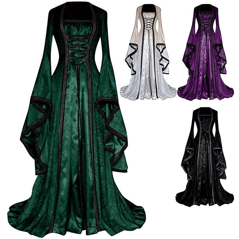Retro Vintage Medieval Renaissance Long Length Prom Dress Flare Cuff Sleeve Witch Pirate Viking Fancy Dress Women's Celtic Royal Walpurgis Night Halloween Carnival Masquerade Party LARP Ren Faire