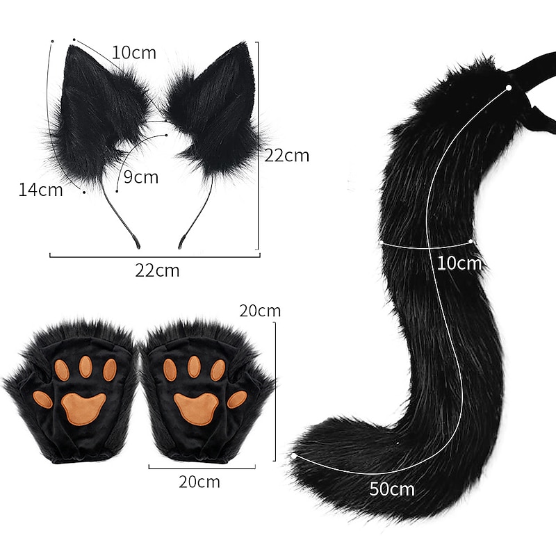 Cat Ears and Wolf Fox Animal Tail Cosplay Costume Faux Fur Hair Clip Headdress Halloween Leather Headband Gloves Tail Set2