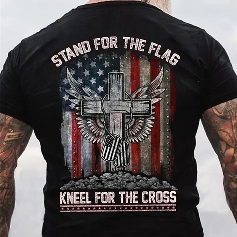 Men's Patriotic Christian Graphic T-Shirt with Flag Cross Design | Stand For The Flag Kneel For The Cross2