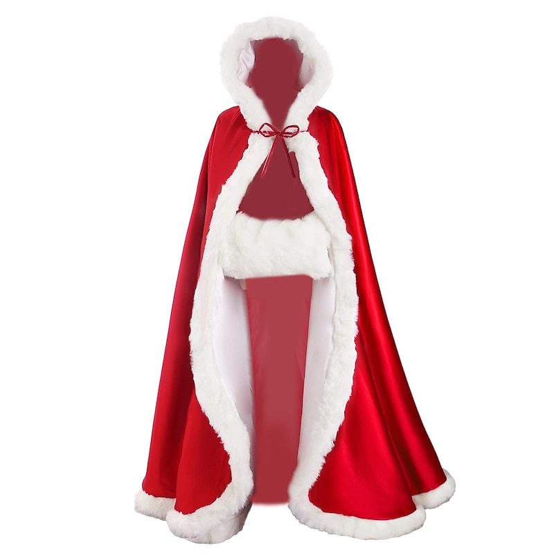 Wedding Cape Hooded Cloak for Bride Winter Reversible with Faux Fur Trim Free Hand Muff Full Length Medieval Viking
