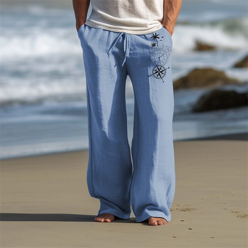 Men's Coconut Tree Compass Linen Pants Pants Trousers Baggy Pants Mid Waist Vintage Outdoor Daily Wear Streetwear Fall & Winter Black Blue Green2