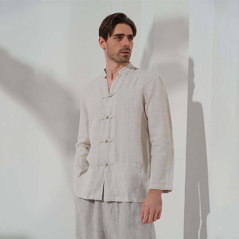 100% Linen Pocket Men's Shirt Linen Shirt Black White Dark Blue Long Sleeve Plain Standing Collar Spring &  Fall Outdoor Daily Clothing Apparel2