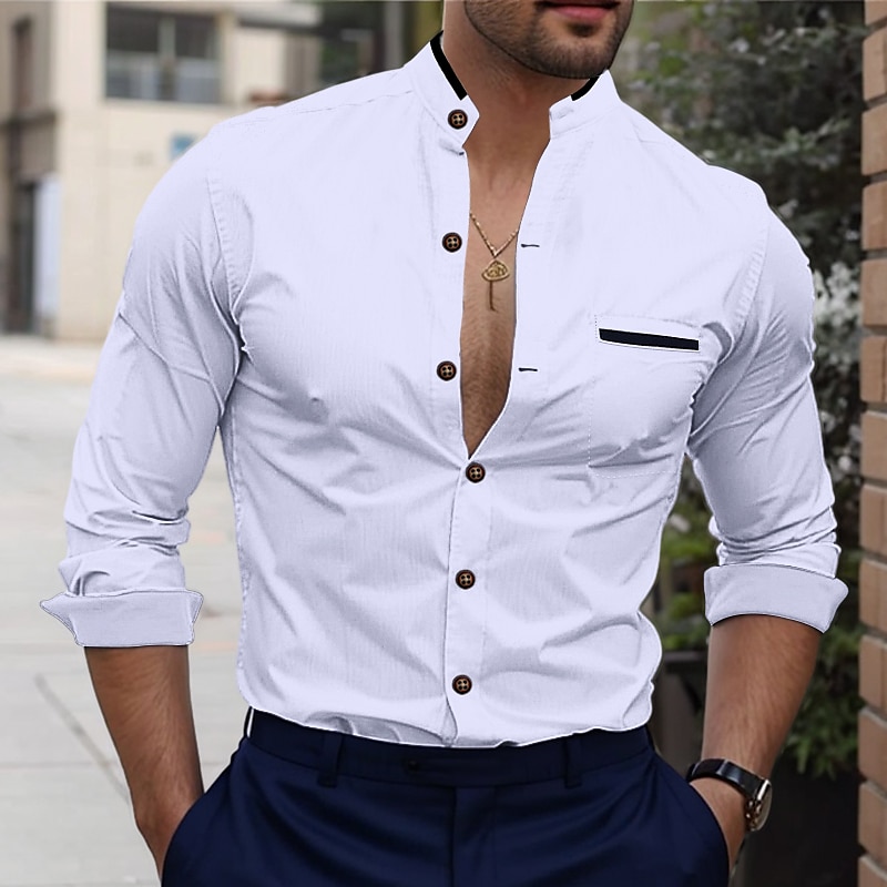 Men's Shirt Band Collar Shirt Dress Shirt Button Up Shirt Oxford Shirt Color Block Office & Career Wedding Party White Dark Blue Light Sky Blue Gray Long Sleeve Standing Collar Spring &  Fall