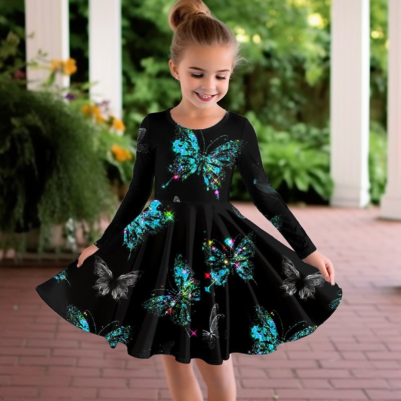 Girls' 3D Butterfly Dress Long Sleeve 3D Print Spring Fall Vacation Sports & Outdoor Daily Cute Casual Beautiful Kids 3-12 Years Casual Dress A Line Dress Above Knee Regular Fit2