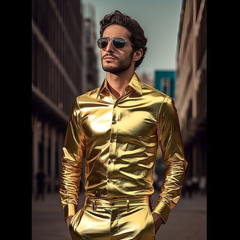 Retro Vintage 1980s Shiny Metallic Shirt Disco Solid Color Turndown Fancy Dress Men's Carnival Costume Carnival Performance Club Pride Parade Adults' Shirt All Seasons