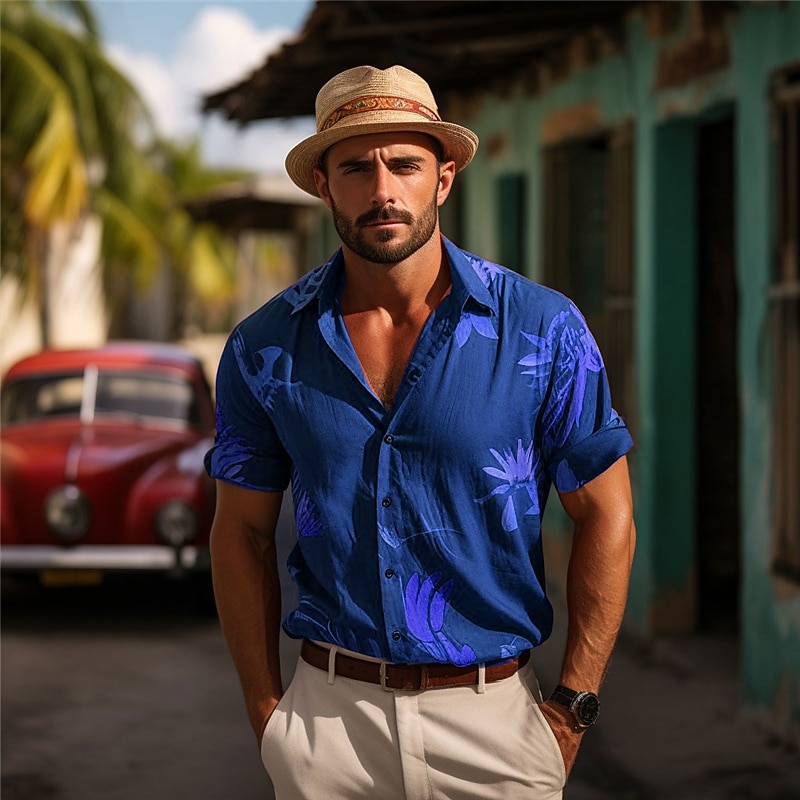 Men's Palm Tree Tropical Plants Summer Hawaiian Shirt Aloha Shirt Short Sleeve Shirt Vintage Hawaiian Outdoor Vacation Hawaiian Blue Purple Brown S M L3