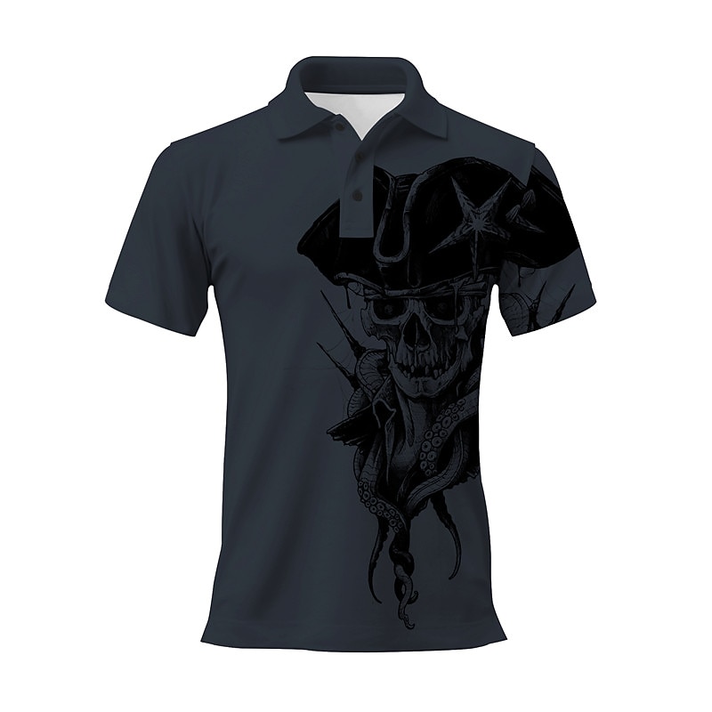 Day of the Dead Men's Skull Polo Shirts Golf Shirt Short Sleeve Polo Shirts Collared Shirts Casual Horror Festival Wear Party Outfits 3D Print Buttons Spring & Summer White Wine Navy Blue3