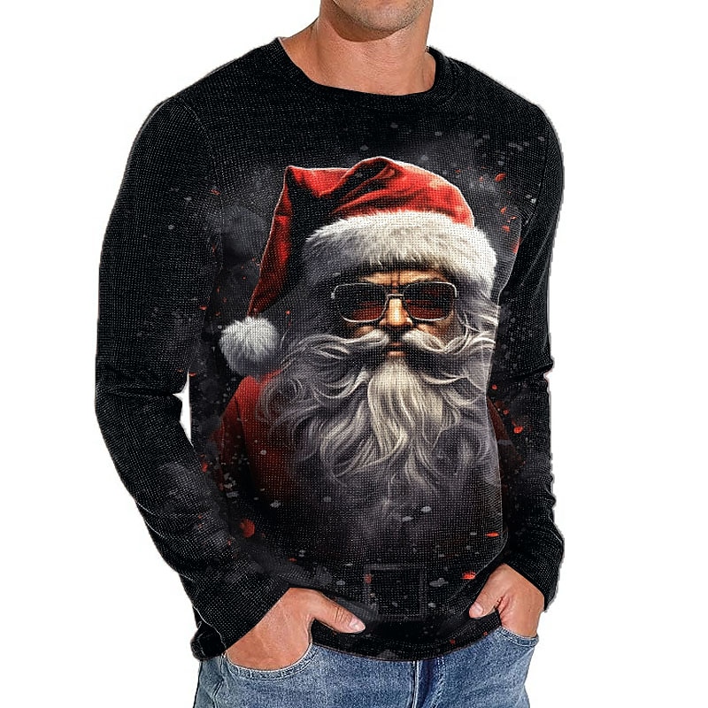 Christmas Men's Santa Claus 3D T-shirts Graphic Santa Claus Designer Retro Vintage Casual 3D Print Tee Waffle Sports Outdoor Holiday Going out Black Dark Gray Long Sleeve Crew Neck Spring3