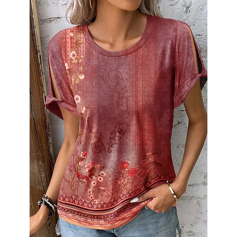 Women's Boho T-shirt T Shirt Floral Fashion Short Sleeve Round Neck Regular Tops Casual Holiday Cut Out Red Blue Purple Green Summer4