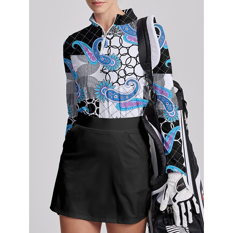 Women's Golf Polo Shirt Blue Rose Red Grey Long Sleeve Sun Protection Top Paisley Fall Winter Ladies Golf Attire Clothes Outfits Wear Apparel4