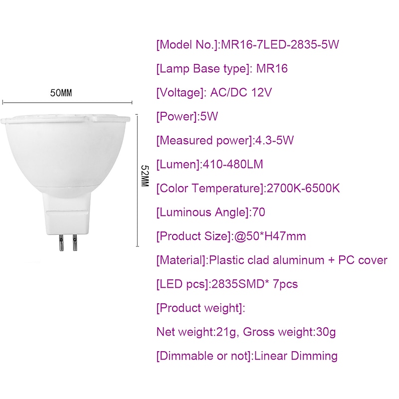 MR16 Gu5.3 Bulb Spotlights 3000K Warm White/6000K White Dimmable 50000 Hour Lifetime 5 Watt MR16 LED Light Bulb 4-Pack4