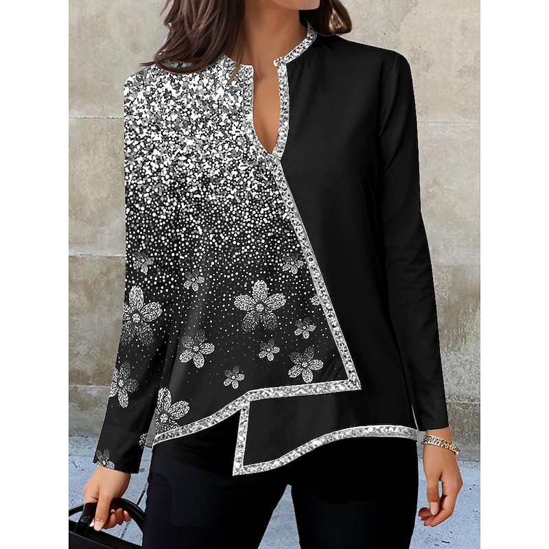 Women's 3D Print Blouse Long Sleeve Asymmetrical Hem Fashion Floral Print Asymmetric Hem Regular Tops V Neck Casual Holiday Black Silver Pink Blue Green Fall & Winter2