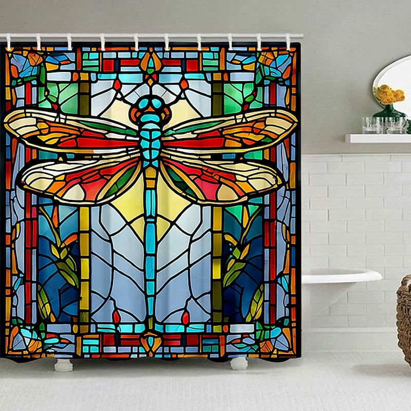 Shower Curtain with Hooks 180cm*180cm(70"*70") Polyester Washable Waterproof Stained Glass Dragonfly Pattern Bathroom Decor4