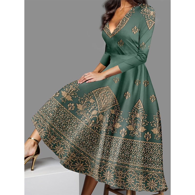 Women's Midi Dress Vintage Dress Casual Dress Winter Dress Swing Dress Vintage Ethnic Tribal Formal Vacation Party Regular Fit Tribal 3/4 Length Sleeve V Neck Blue Purple Green Fall Winter