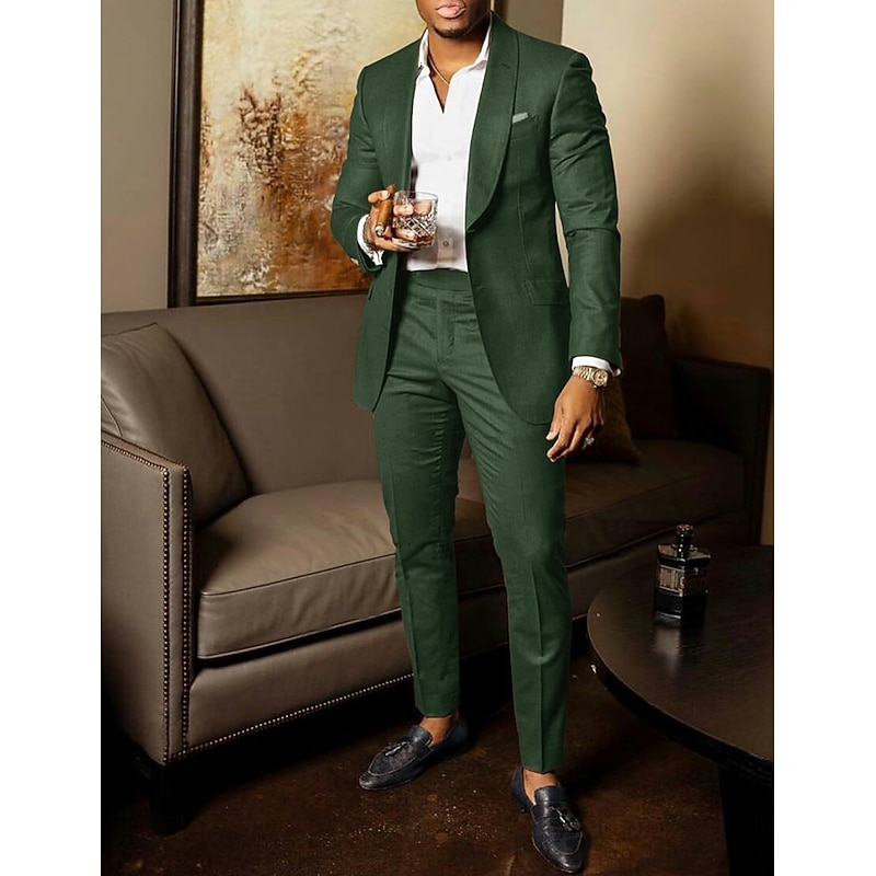 Men's Wedding Party Evening Wear Suits Shawl Collar Green Army Green Daily Business Solid Colored Plus Size 2 Piece Single Breasted Two-buttons2
