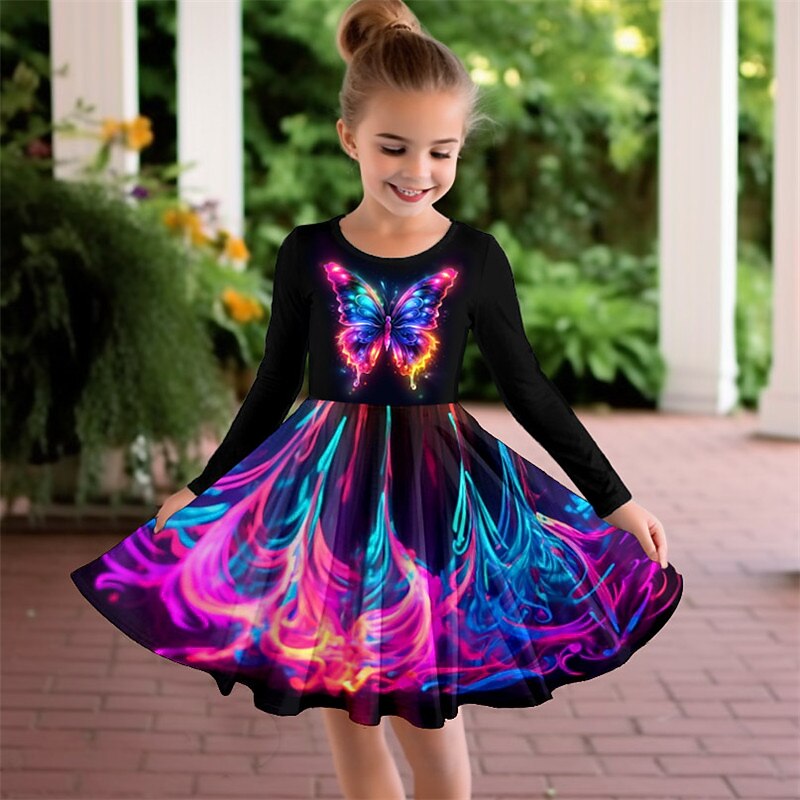 Girls' 3D Butterfly Dress Long Sleeve 3D Print Spring Fall Vacation Sports & Outdoor Daily Cute Casual Beautiful Kids 3-12 Years Casual Dress A Line Dress Above Knee Regular Fit4