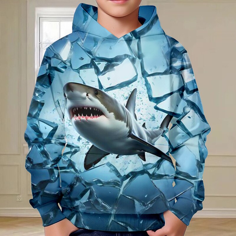 Boys 3D Shark Hoodie Pullover Long Sleeve 3D Print Spring Fall Fashion Streetwear Cool Kids 3-12 Years Hooded Outdoor Casual Daily Regular Fit