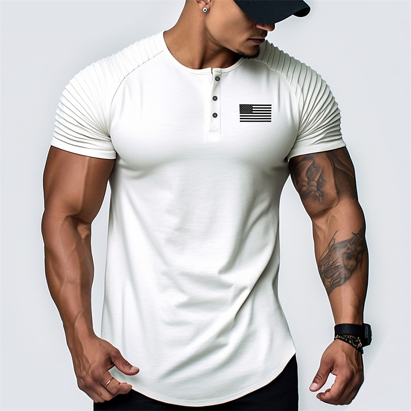 Men's Graphic National Flag Henley Shirt Raglan T Shirt Short Sleeve Fashion Daily Casual Sports Outdoor Holiday Going out Spring & Summer White Pink Sky Blue Henley Henley T-Shirt