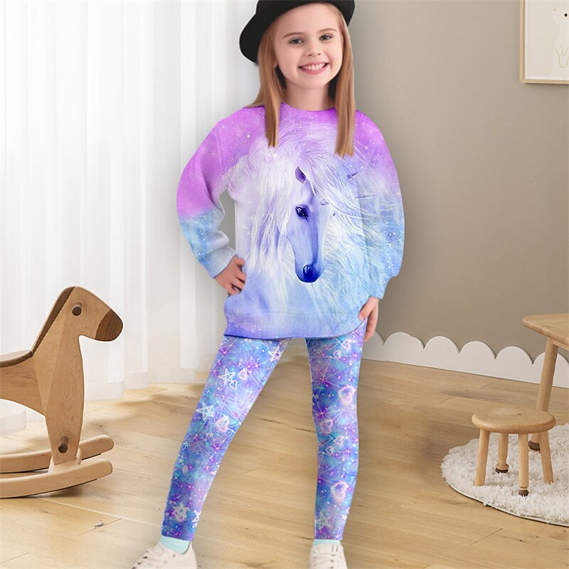 Girls' 3D Unicorn Sweatshirt & Legging Set Pink Long Sleeve 3D Print Spring Fall Active Fashion Daily Kids 3-12 Years Crew Neck Outdoor Vacation Date Regular Fit3