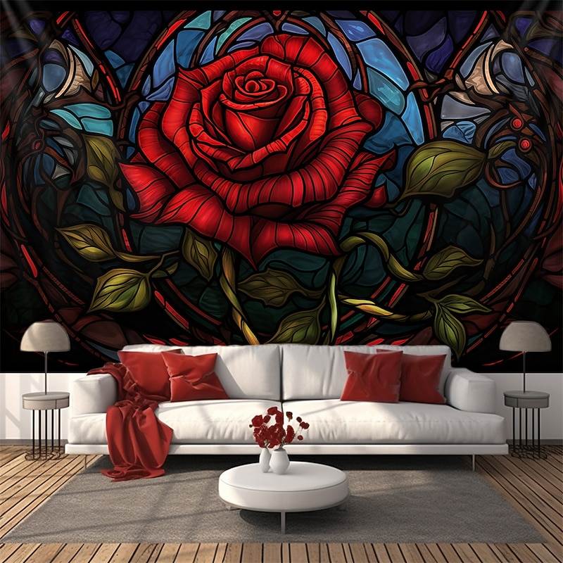 Valentine's Day Stained Glass Rose Hanging Tapestry Wall Art Large Tapestry Mural Decor Photograph Backdrop Blanket Curtain Home Bedroom Living Room Decoration3