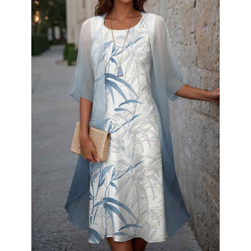 Women's Graduation Dress Midi Dress Two Piece Dress Set Wedding Guest Cocktail Dress Chiffon Outdoor Holiday Fashion Modern Print Casual  Elegant Spring Crew Neck Half Sleeve Leaf Blue Green Gray3