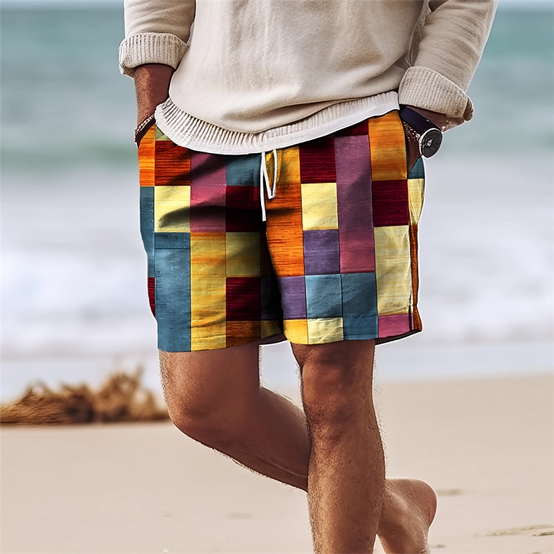 Men's Color Block Patchwork Colorful Swim Trunks Swim Shorts Board Shorts Mid Waist Hawaiian Casual Holiday Beach Drawstring with Mesh lining Elastic Waist Designer Clothing Apparel