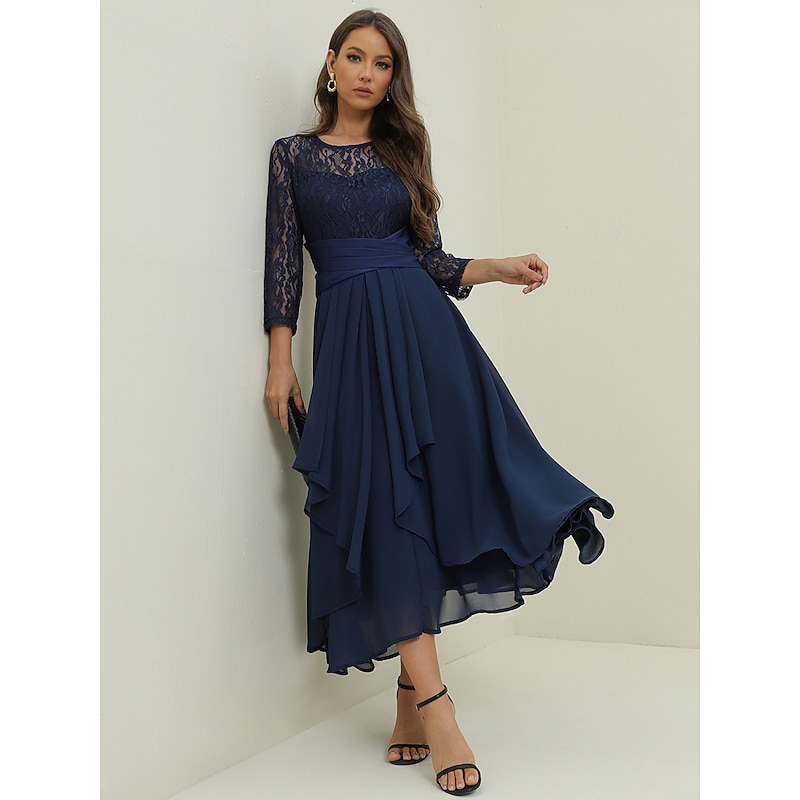 Women's Wedding Guest Cocktail Dress Elegant Lace Patchwork Prom Chiffon Midi Dress Crew Neck 3/4 Length Sleeve Navy Blue Spring Fall4