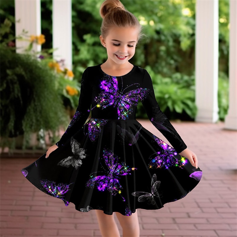 Girls' 3D Butterfly Dress Long Sleeve 3D Print Spring Fall Vacation Sports & Outdoor Daily Cute Casual Beautiful Kids 3-12 Years Casual Dress A Line Dress Above Knee Regular Fit