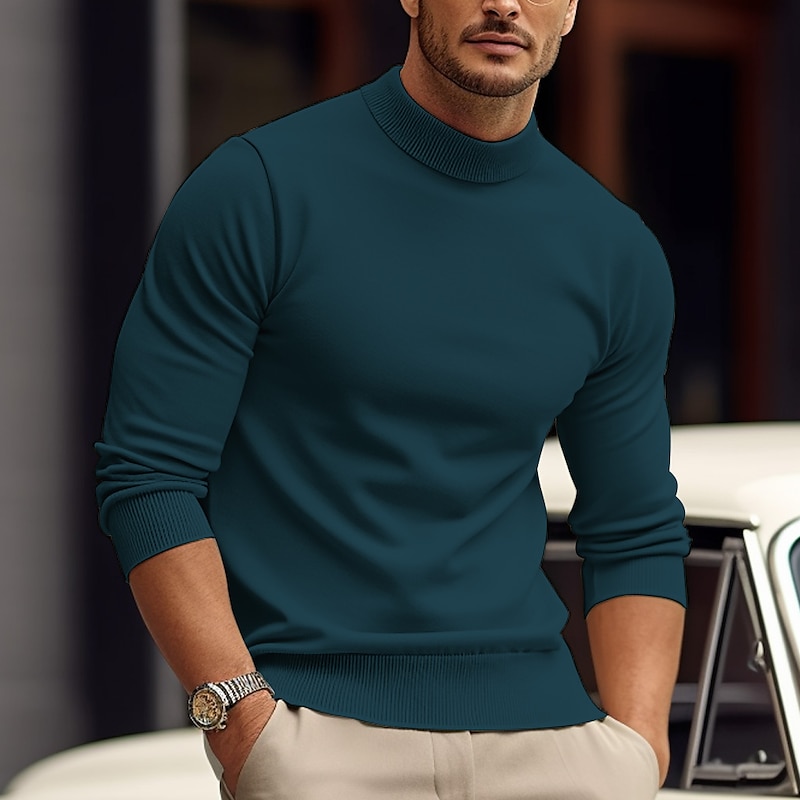 Men's Pullover Sweater Jumper Knit Sweater Ribbed Knit Knitted Plain Mock Neck Basic Keep Warm Daily Wear Vacation Clothing Apparel Fall & Winter Black White S M L2