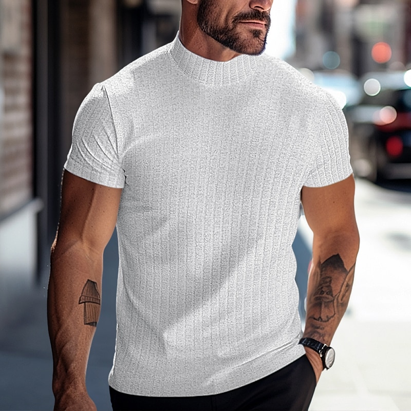 Men's T Shirt Muscle Shirt Ribbed Knit tee Tee Top Short Sleeves Turtleneck Summer Plain Pit Strip Fashion Designer Basic Slim Fit Vacation Street Going out Dark Grey Black White Top Tee for Men