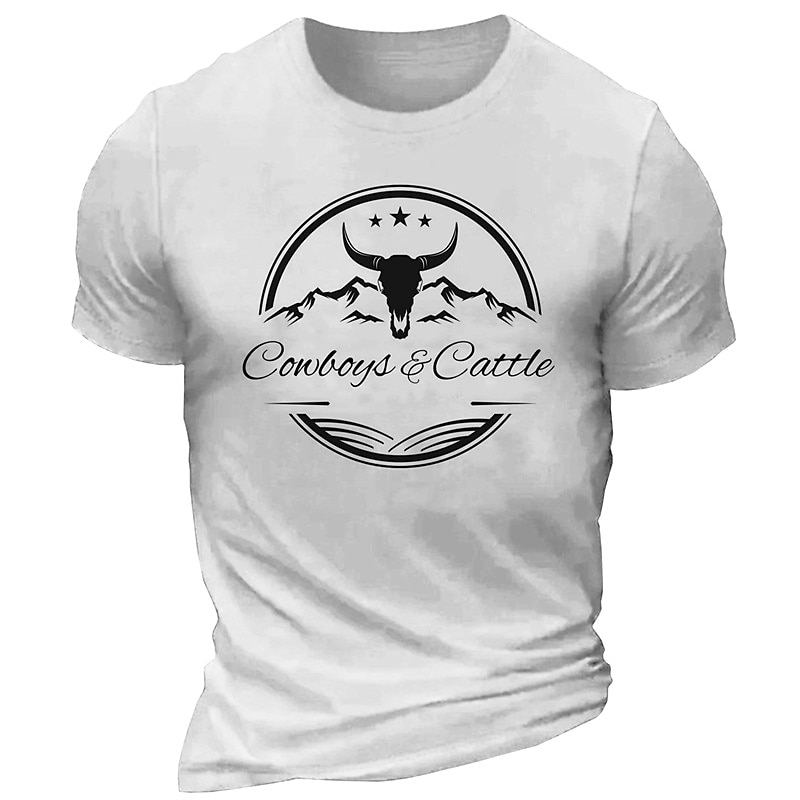 Mens Short Sleeve Graphic T-Shirt with Cowboys & Cattle Bull Skull Design