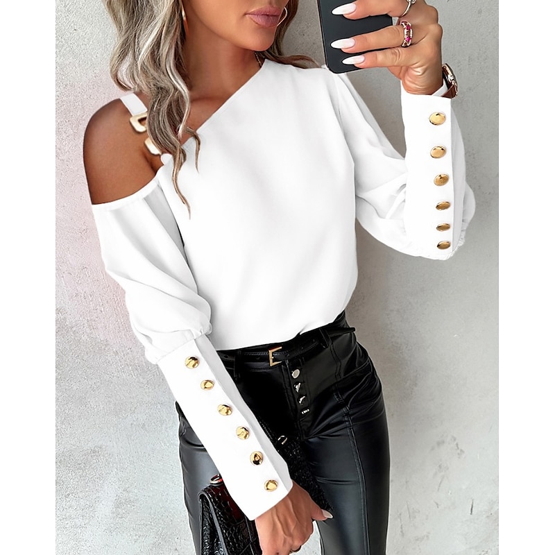 Women's Blouse Elegant Patchwork Puff Sleeve Long Sleeve One Shoulder Casual Black White Red Blue Fall & Winter4