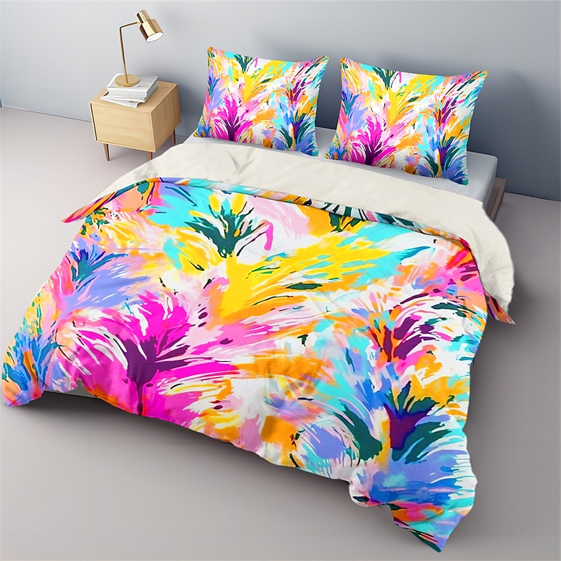 Floral Dopamine Colored  Pattern Duvet Cover Set Comforter Set Soft 3-Piece Luxury Cotton Bedding Set Home Decor Gift King Queen Full Size2
