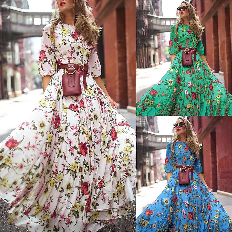 Women's Chiffon Floral Print Crew Neck Long Dress Maxi Dress Bohemia Vacation Summer Spring2