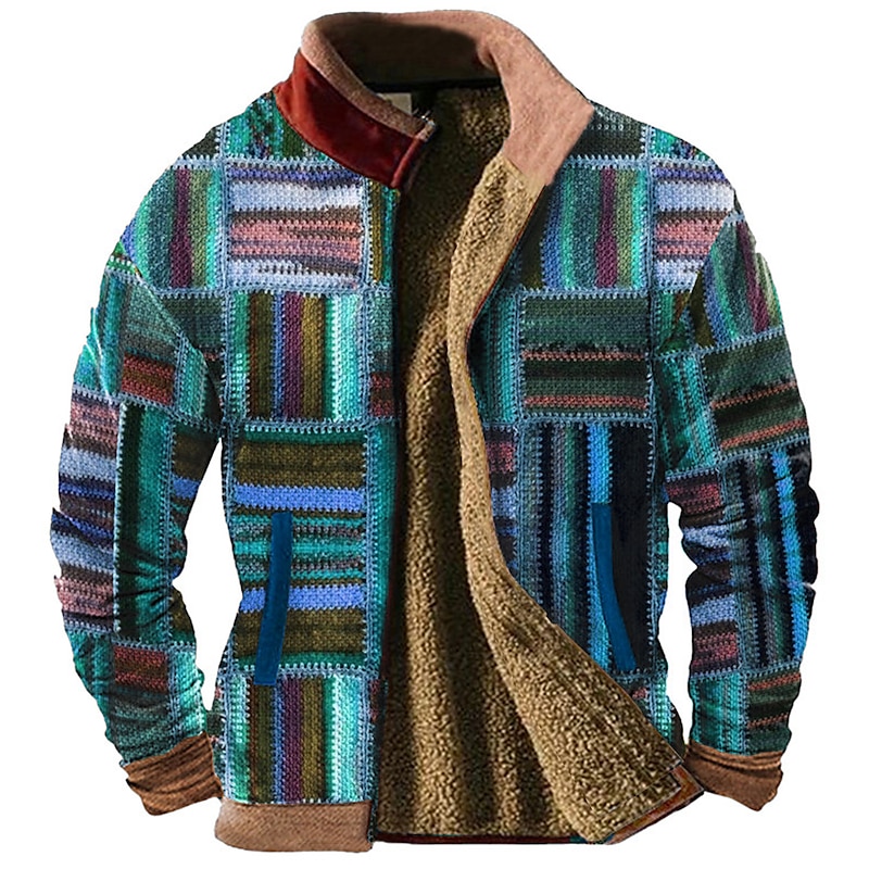 Men's Graphic Patchwork Sweatshirts Zip Sweatshirt Fleece Jacket Outerwear Long Sleeve Sweatshirt Stand Collar Daily Casual Vintage Retro Vacation Holiday Going out Fleece Winter2