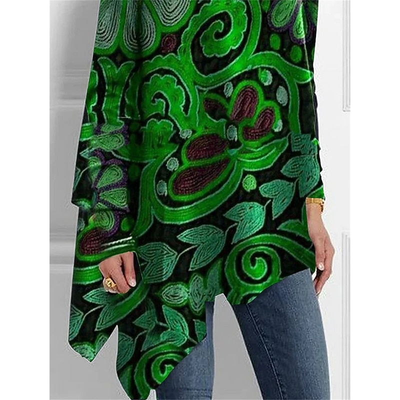 Women's T Shirt Fashion Floral Print Asymmetric Hem Long Sleeve Long Tops High Neck Casual Holiday Red Blue Green Spring &  Fall3