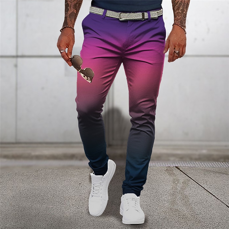 Gradual Business Casual Men's 3D Print Dress Pants Pants Trousers Outdoor Daily Wear Streetwear Polyester Yellow Blue Purple S M L Medium Waist Elasticity Pants