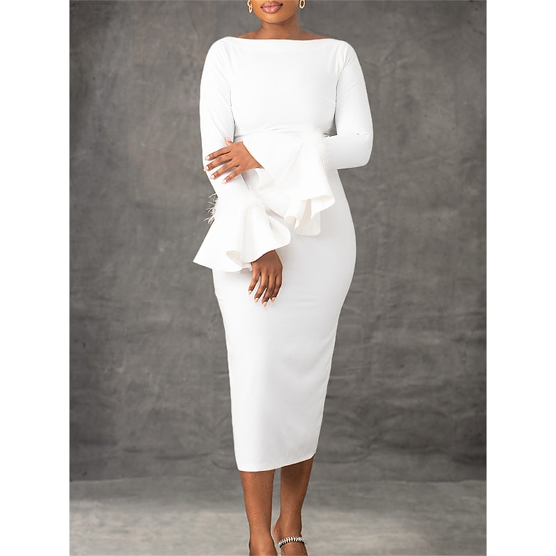 Women's White Dress Party Dress Feather Dress Feather Crew Neck Long Sleeve Midi Dress Winter Dress Wedding Guest Black White Summer Spring3