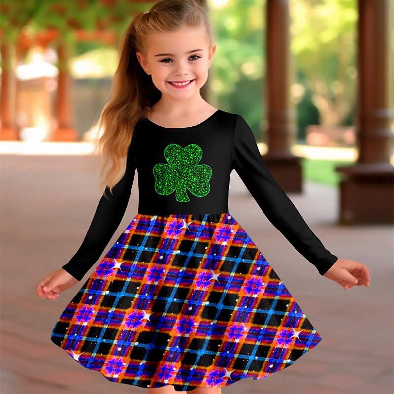St. Patrick Girls' 3D Dress Long Sleeve 3D Print Spring Fall Sports & Outdoor Daily Holiday Cute Casual Beautiful Kids 3-12 Years Casual Dress A Line Dress Above Knee Polyester Regular Fit3