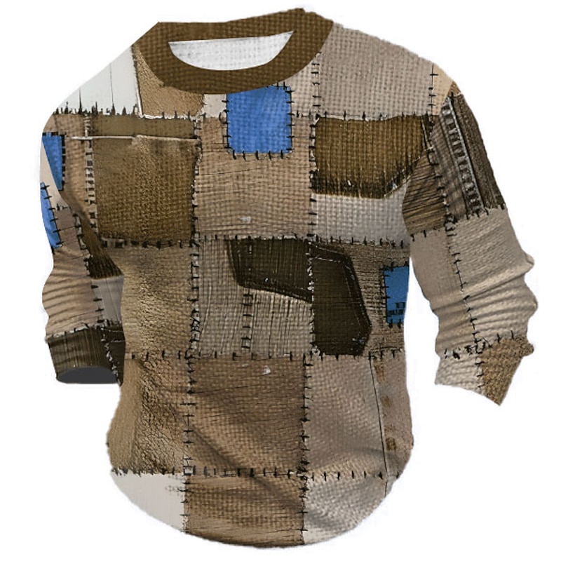 Men's Graphic Color Block Patchwork T Shirt Waffle T Shirt Long Sleeve T shirt 3D Print Crew Neck Shirt Designer Retro Vintage Casual Sports Outdoor Holiday Going out Blue Brown Green Spring &  Fall