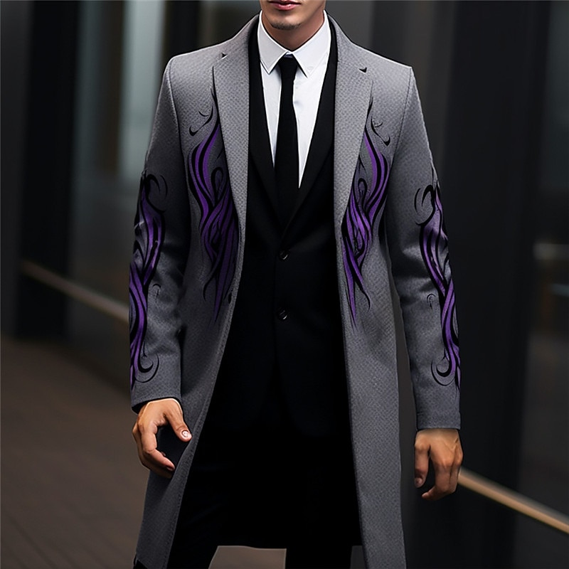 Men's Symbol Winter Coat Overcoat Coat Warm Comfortable Breathable Vintage Business Work Wear to work Going out Pocket Print Fall & Winter Turndown Long Sleeve Black Yellow Purple4