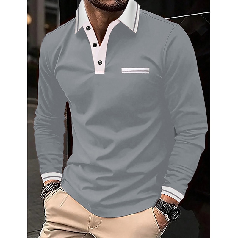Men's Polo Shirt Button Up Polos Casual Sports Lapel Long Sleeve Fashion Basic Color Block Button Pocket Spring &  Fall Regular Fit Navy Wine Dark Gray Light Grey Polo Shirt4