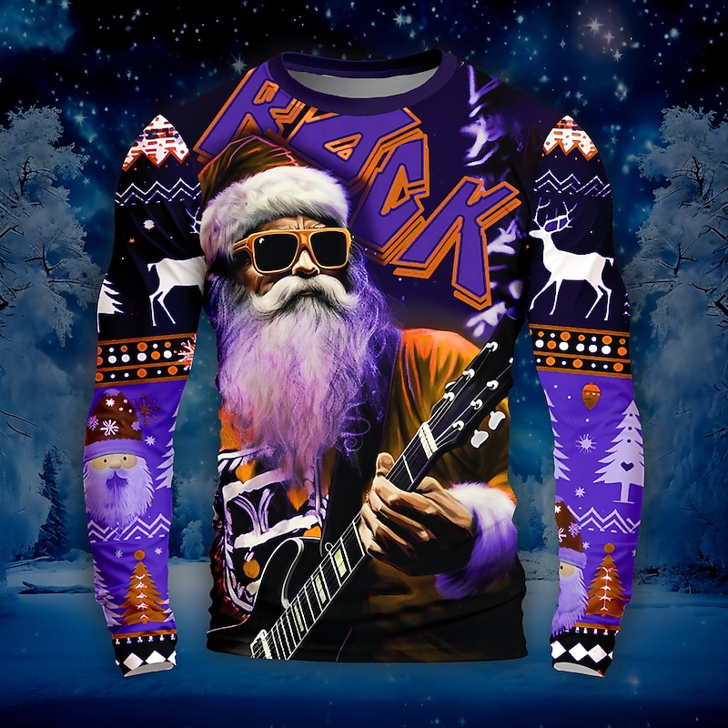 Christmas Men's Santa Claus Music Christmas Pattern T Shirt Funny T Shirts Long Sleeve T shirt 3D Print Crew Neck Shirt Daily Outdoor Casual Party Casual Holiday Black Purple Green Spring &  Fall2