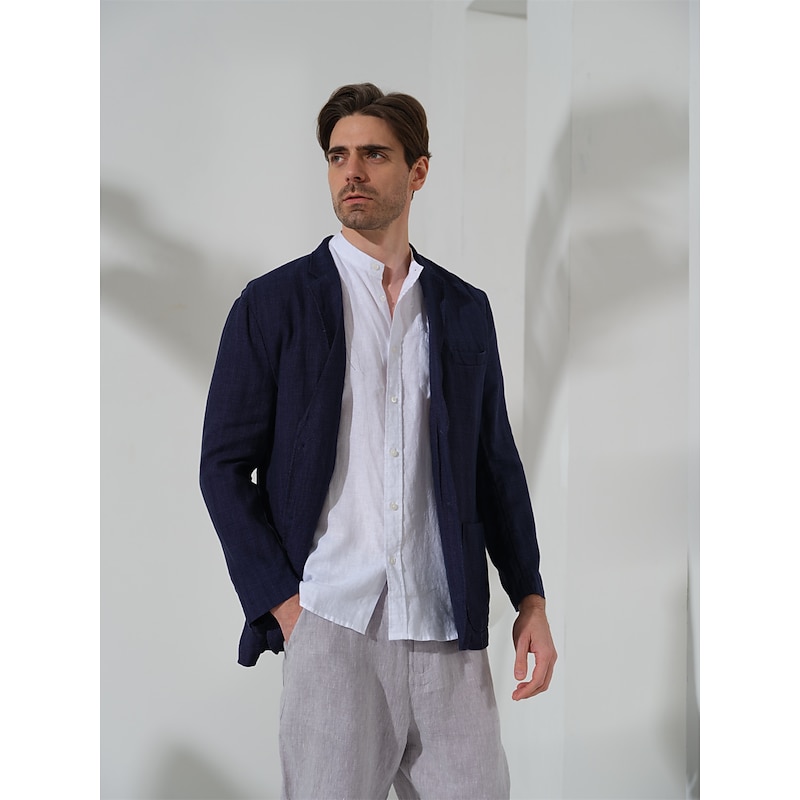 100% Linen Men's Linen Blazer Blazer Business Formal Evening Wedding Party Fashion Casual Spring &  Fall Plain Pocket Casual / Daily Single Breasted Blazer Black Dark Blue2