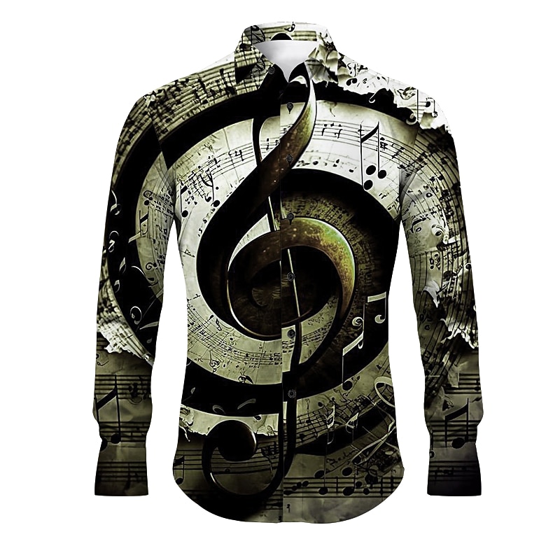 Men's Boardmasters Musical Notes Shirt Button Up Shirt Long Sleeve Vintage Artistic Daily Wear Going out Spring & Summer Turndown Print Button-Down Blue Brown Green Gray2